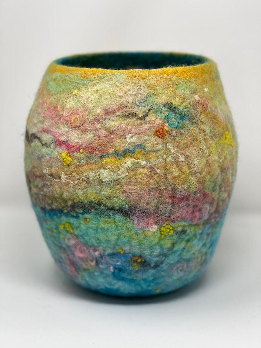 Medium Yellow and Turquoise Art Bowl Vase
