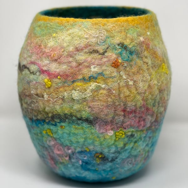 Medium Yellow and Turquoise Art Bowl Vase