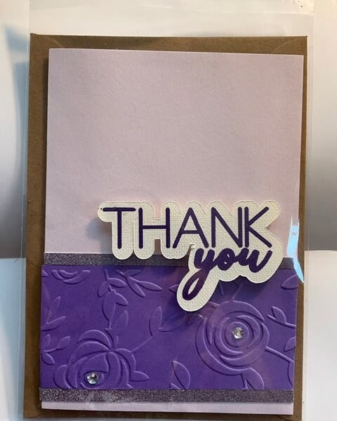 Thank you card handcrafted purple pinks rhinestone sparkle