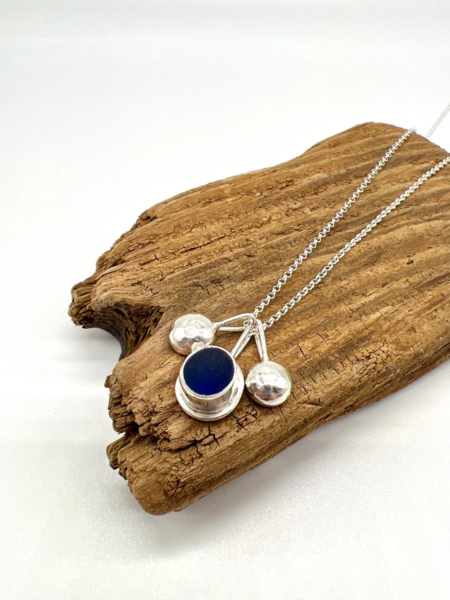 Blue Sea Glass and Pebbles Necklace 