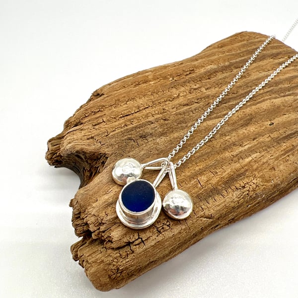 Blue Sea Glass and Pebbles Necklace 