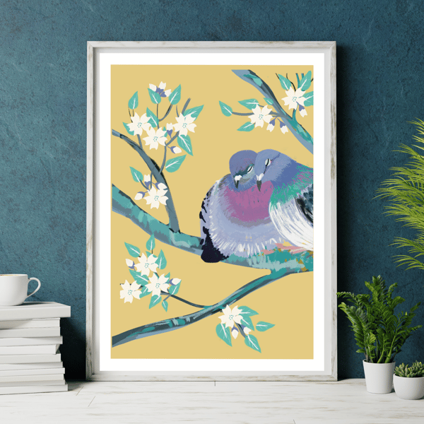 Bird art print, couple art, pigeons, wildlife artwork