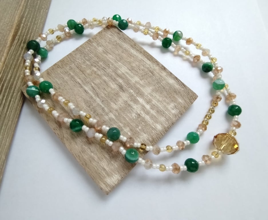 Green Agate Style Beaded Statement Necklace - Amber & Champagne Rondelle Glass