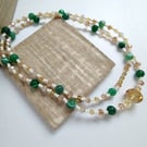 Green Agate Style Beaded Statement Necklace - Amber & Champagne Rondelle Glass