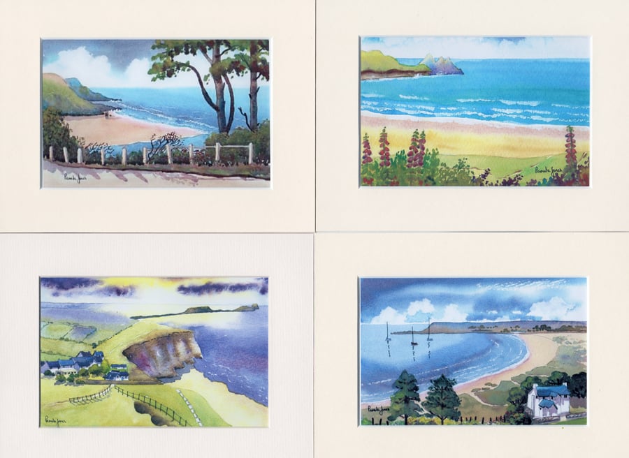 Set of 4 Watercolour Prints in 8 x 6 '' Mounts,Scenes of Gower