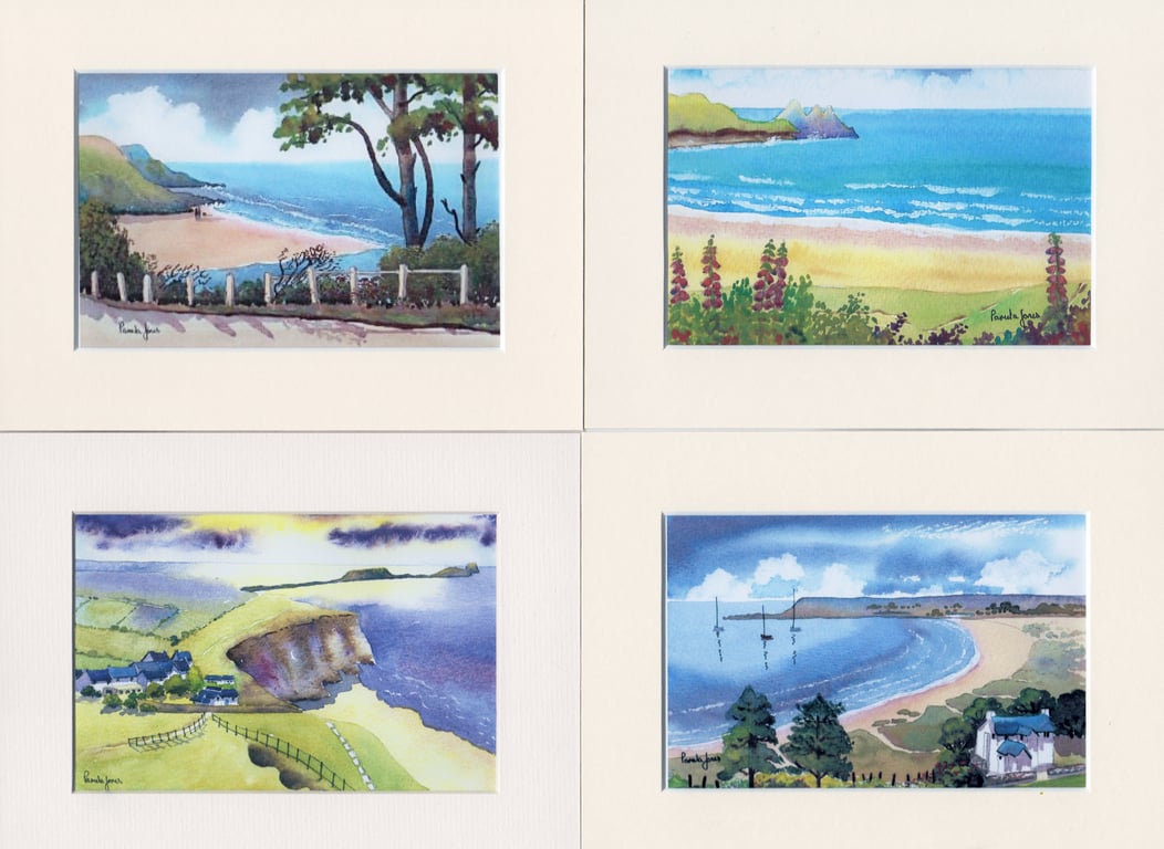 Set of 4 Watercolour Prints in 8 x 6 '' Mounts,Scenes of Gower