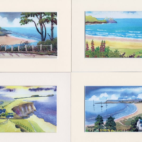 Set of 4 Watercolour Prints in 8 x 6 '' Mounts,Scenes of Gower