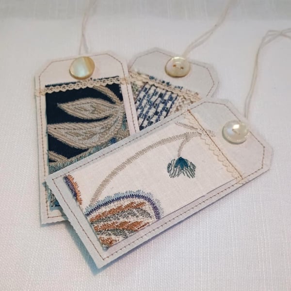 Gift Tags - Vintage silk and lace, with reclaimed curtain textiles - cream blue