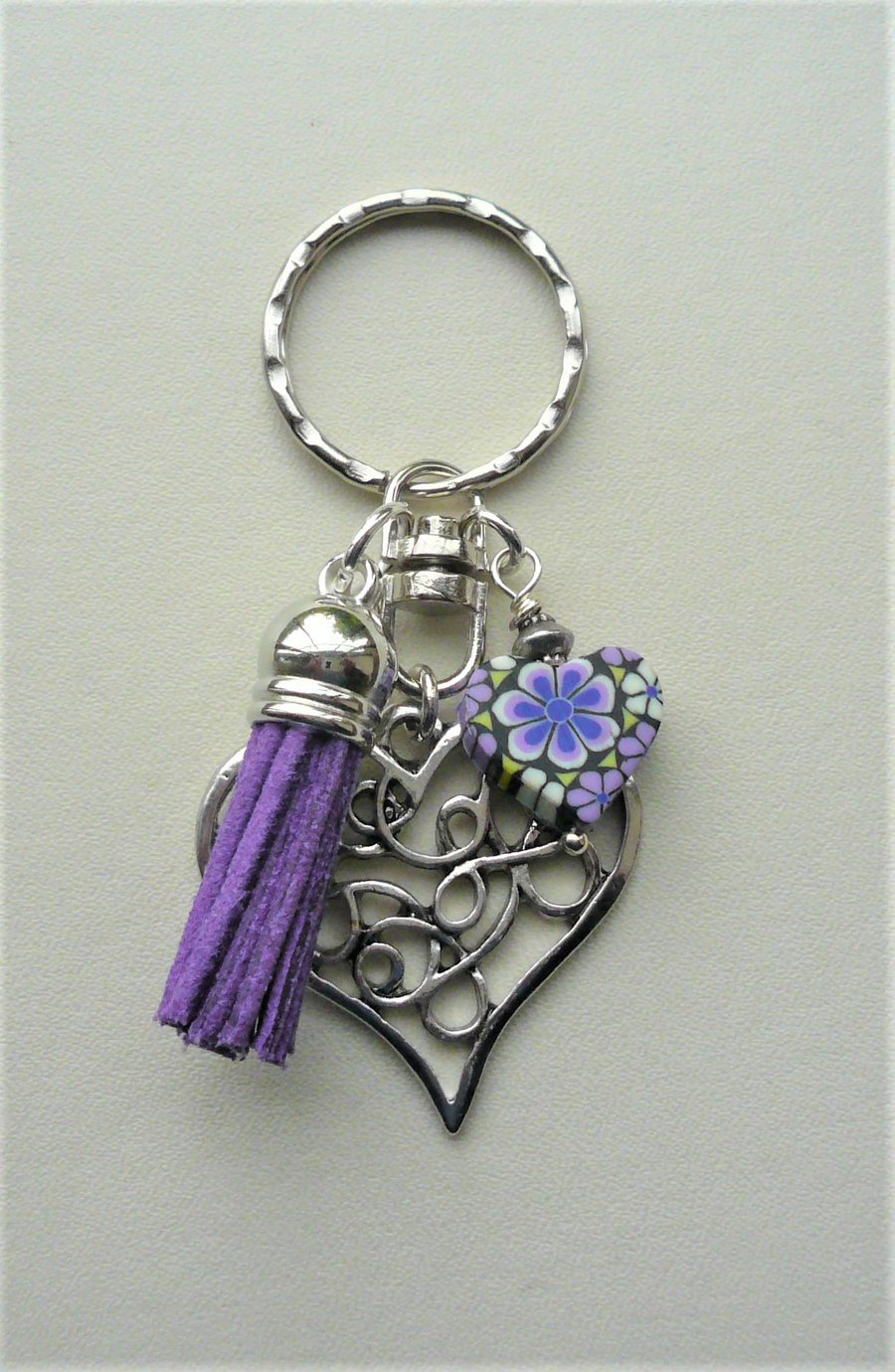 Purple and Black Poly Clay and Silver Heart Tassel Keyring Bag Charm   KCJ1999