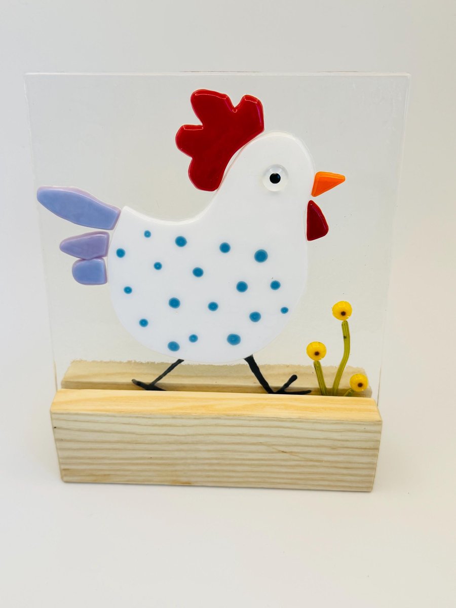 Funky Rooster Fused Glass Panel on Wooden Stand Whimsical Farmhouse Decor