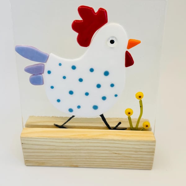 Funky Rooster Fused Glass Panel on Wooden Stand Whimsical Farmhouse Decor