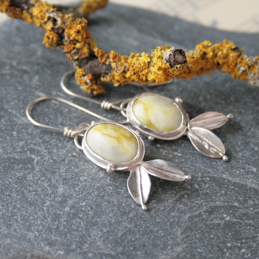 Silver gemstone earrings, silver leaf earrings, Highland marble earrings
