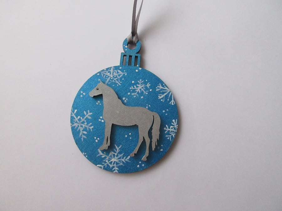 Horse Christmas Bauble Decoration Silver Blue Tree Hanging Snowflake