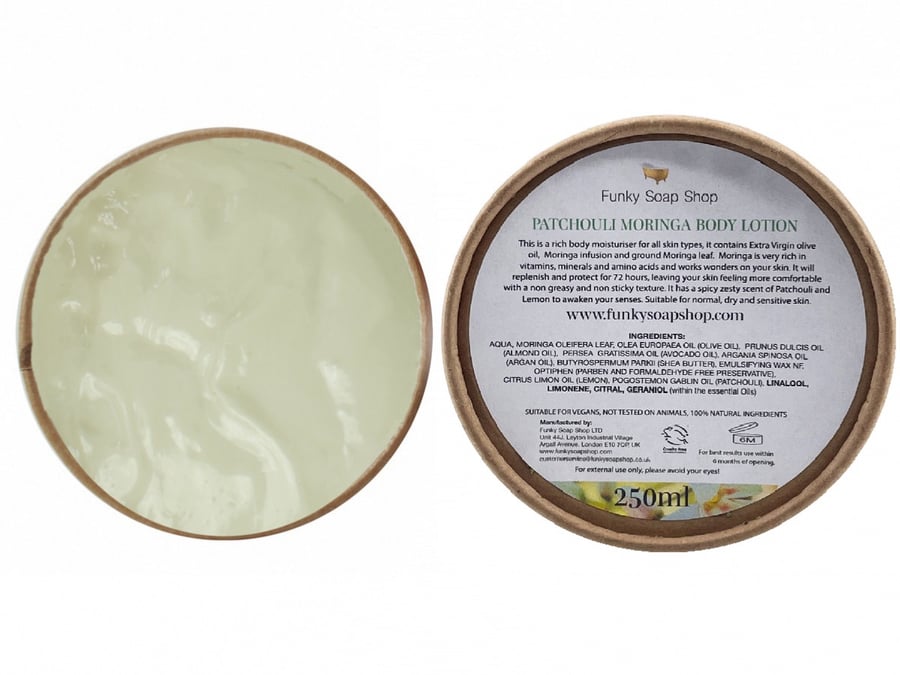 Patchouli Moringa Body Lotion Kraft Tub 250g, Plastic Free