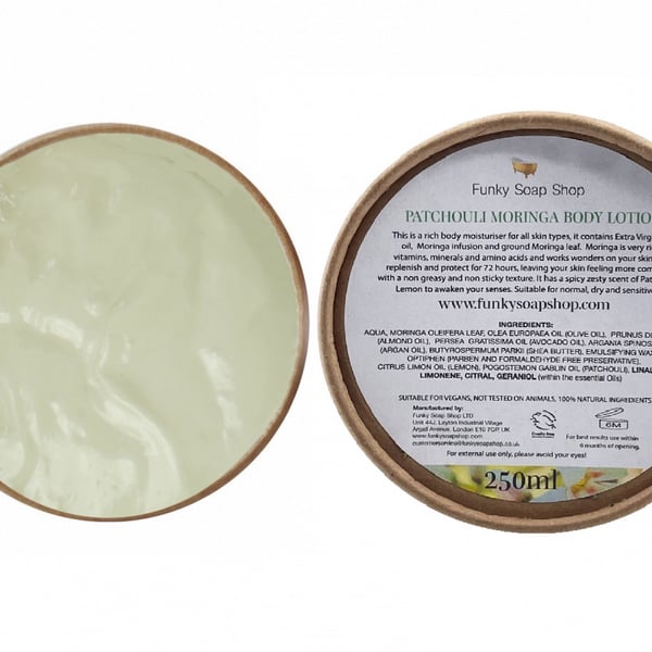 Patchouli Moringa Body Lotion Kraft Tub 250g, Plastic Free