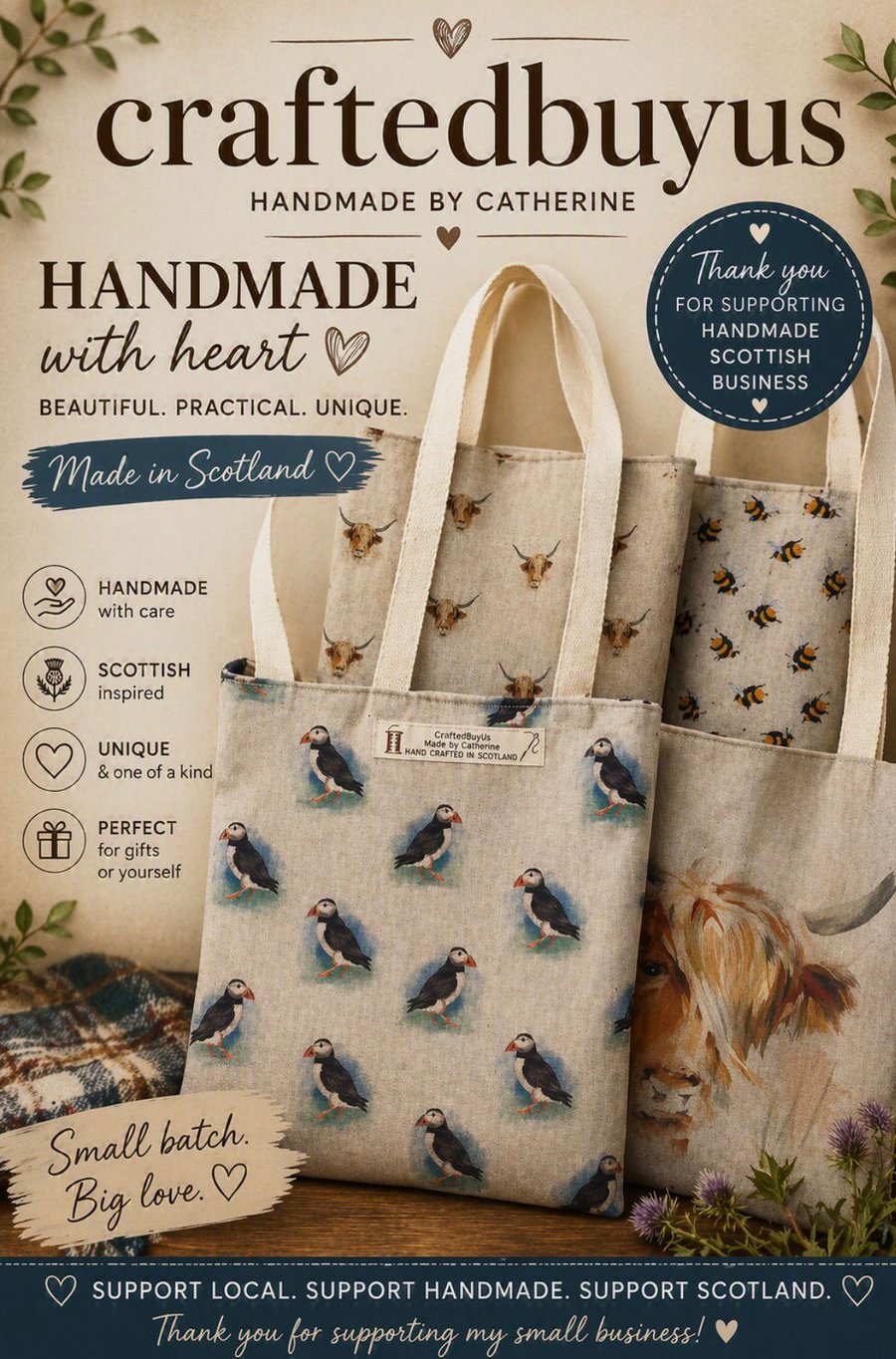 Tote Bag, Cotton linen look with all over Print Puffins, Bee, Highland Cow