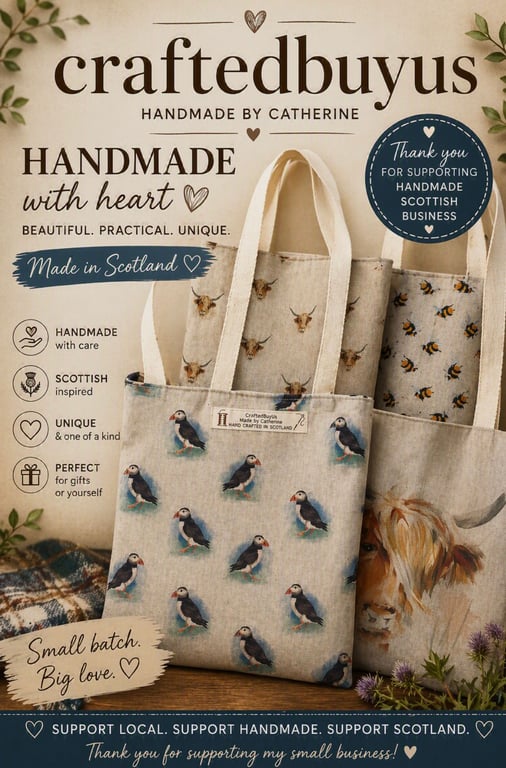 Tote Bag, Cotton linen look with large picture of, Puffins, Bee, or Highland Cow