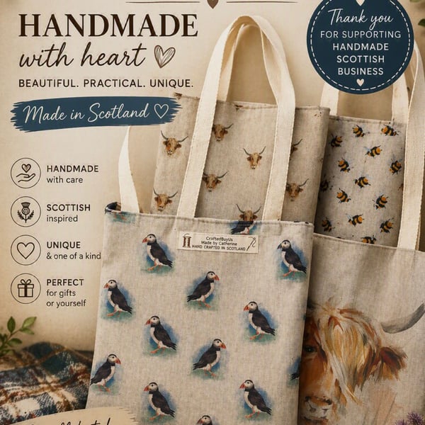 Tote Bag, Cotton linen look with large picture of, Puffins, Bee, or Highland Cow