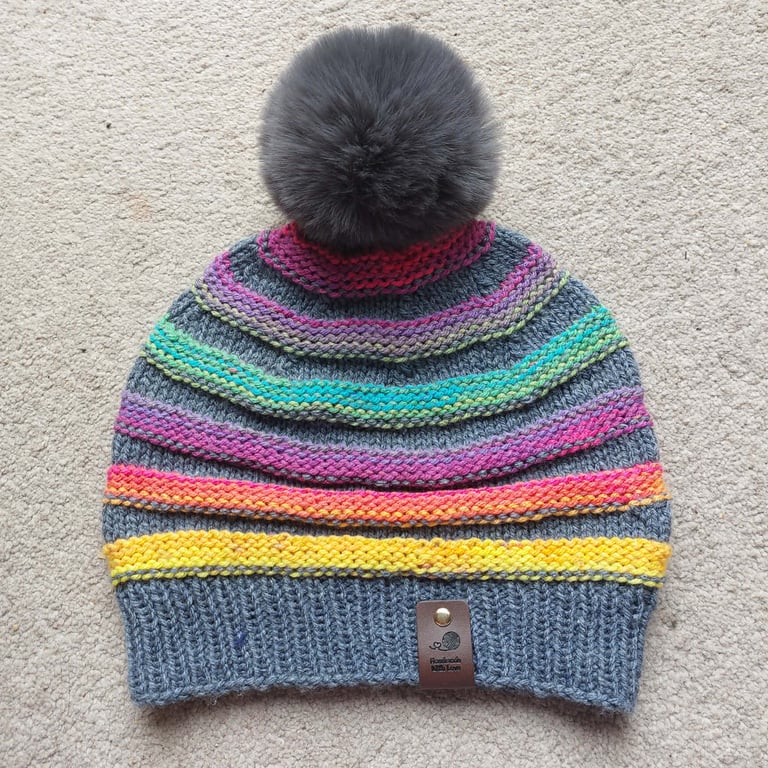 Adult Cozy Rainbow Stripe Knit Beanie with removable Faux Fur Pom-Pom