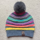 Adult Cozy Rainbow Stripe Knit Beanie with removable Faux Fur Pom-Pom