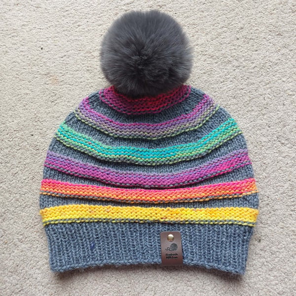 Adult Cozy Rainbow Stripe Knit Beanie with removable Faux Fur Pom-Pom
