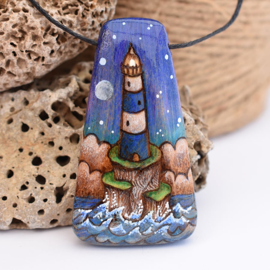 Twilight lighthouse. Pyrography blue and white wooden pendant, wood gift.