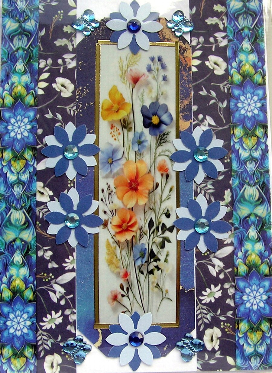 Blue & Yellow Flower Blooms - Hand Crafted Decoupage Greeting Card - Blank 3188