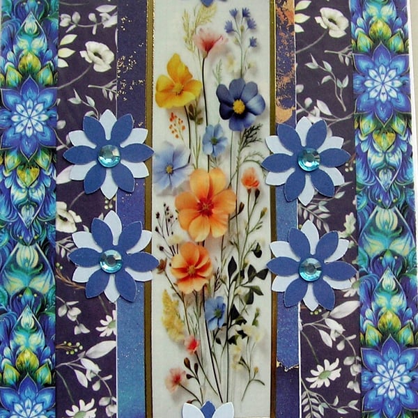 Blue & Yellow Flower Blooms - Hand Crafted Decoupage Greeting Card - Blank 3188