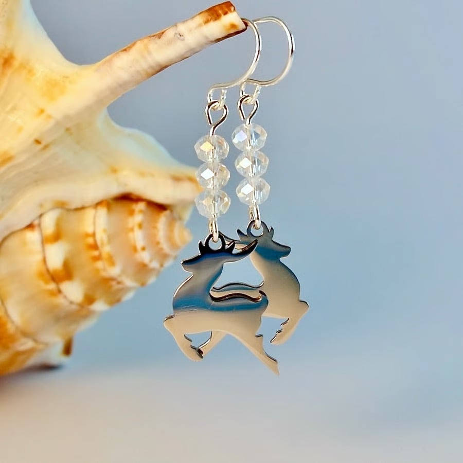 Leaping Reindeer Sparkly Christmas Earrings, Stocking Filler, Secret Santa Gift