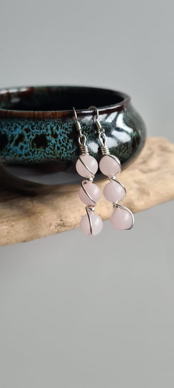 Handmade 925 Silver & Rose Quartz Dangle Drop Earrings Gift Boxed