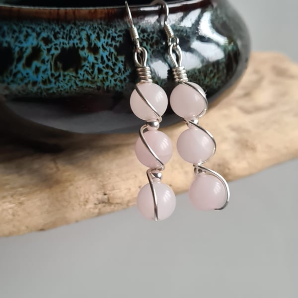 Handmade 925 Silver & Rose Quartz Dangle Drop Earrings Gift Boxed