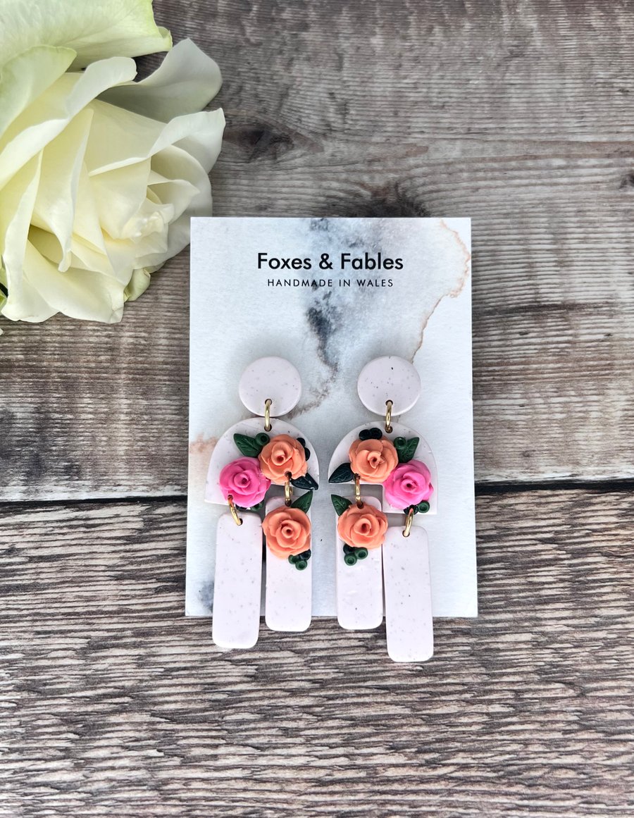 Peach and Pink Rose Floral Statement Earrings 