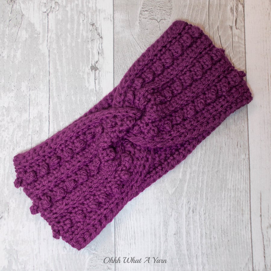 Ladies crochet plum, purple twist ear warmer. Ear warmer. Plum headband.