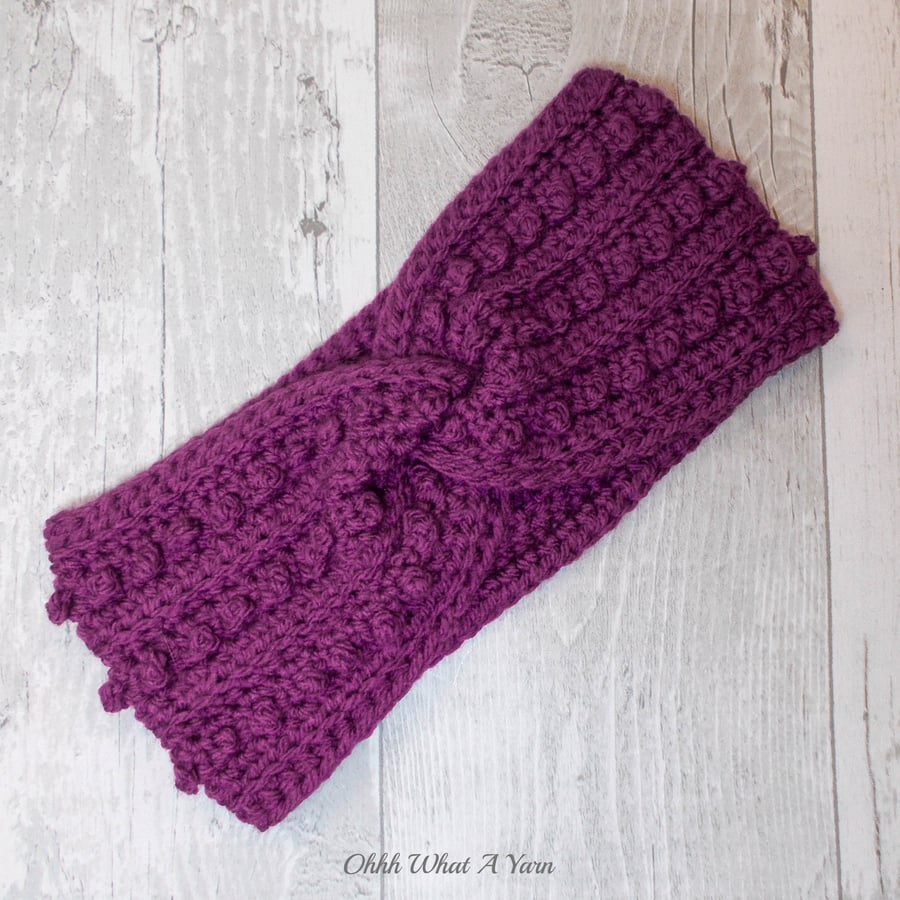 Crochet headband, ear warmer.  Purple twist ear warmer. Plum headband.