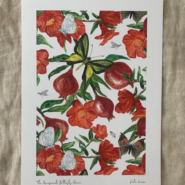 The Pomegranate Butterfly Dance A4 Eco-Friendly Art Print