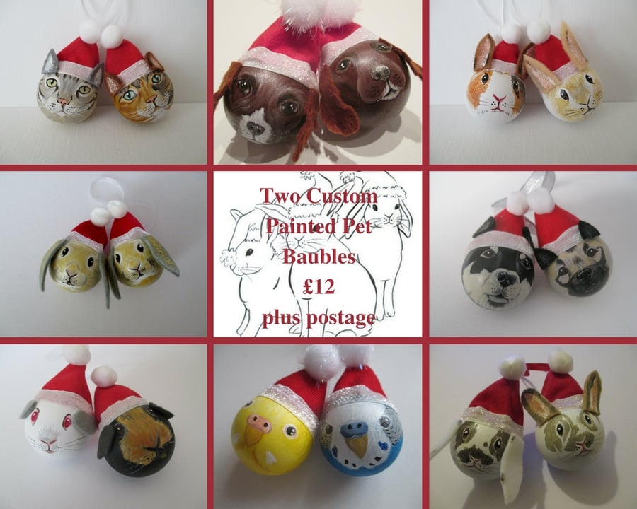 2x Personalised Pet Portrait Bauble Custom Painted Cat Dog Rabbit Guinea Pig etc