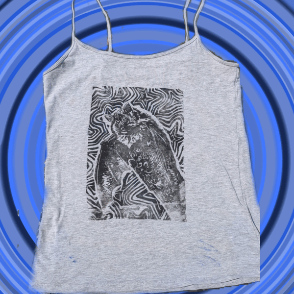 upcycled lino print unique bat vest top sized medium 