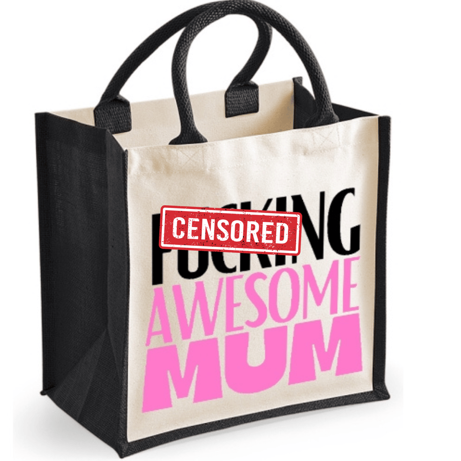F..king Awesome Mum Midi Jute Shopper Lunch Bag Mothers Day Birthday Christmas 
