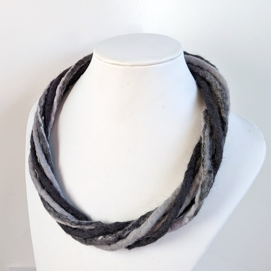 The Small Twist: felted cord necklace in shades of grey