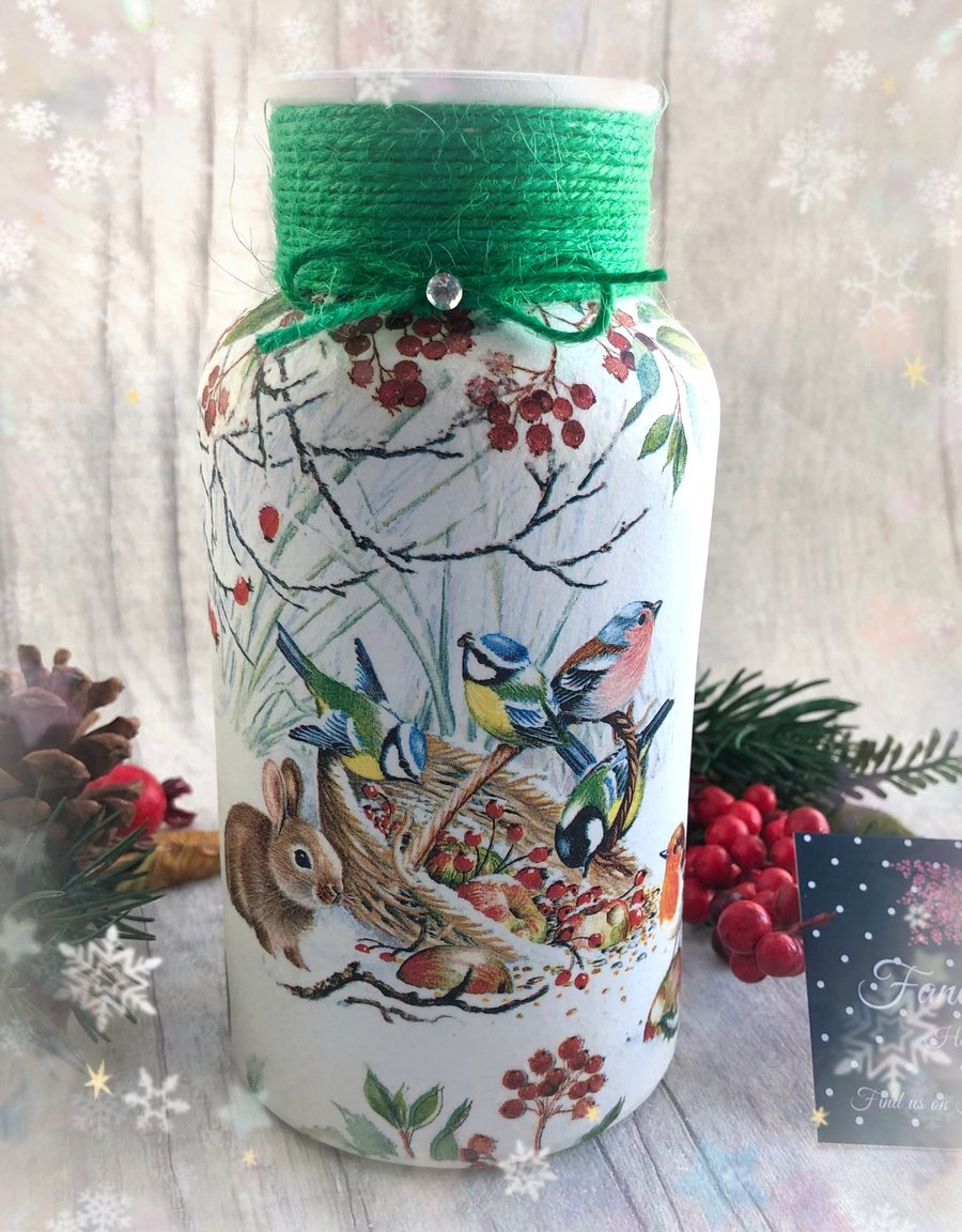 Robin, winter birds, rabbit woodland scene  decoupaged glass Christmas vase