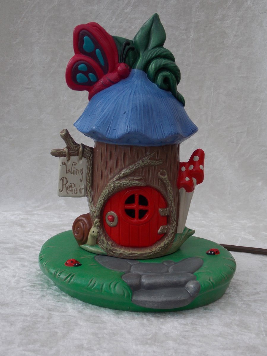 Ceramic Hand Painted Woodland Butterfly House Garden Table Lamp.