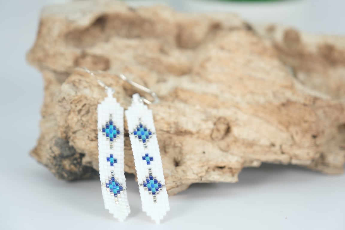 Hand-stitched White & Blue Beaded Earrings – Sterling Silver Ear Wires
