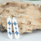 Hand-stitched White & Blue Beaded Earrings – Sterling Silver Ear Wires