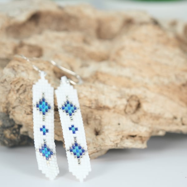 Hand-stitched White & Blue Beaded Earrings – Sterling Silver Ear Wires