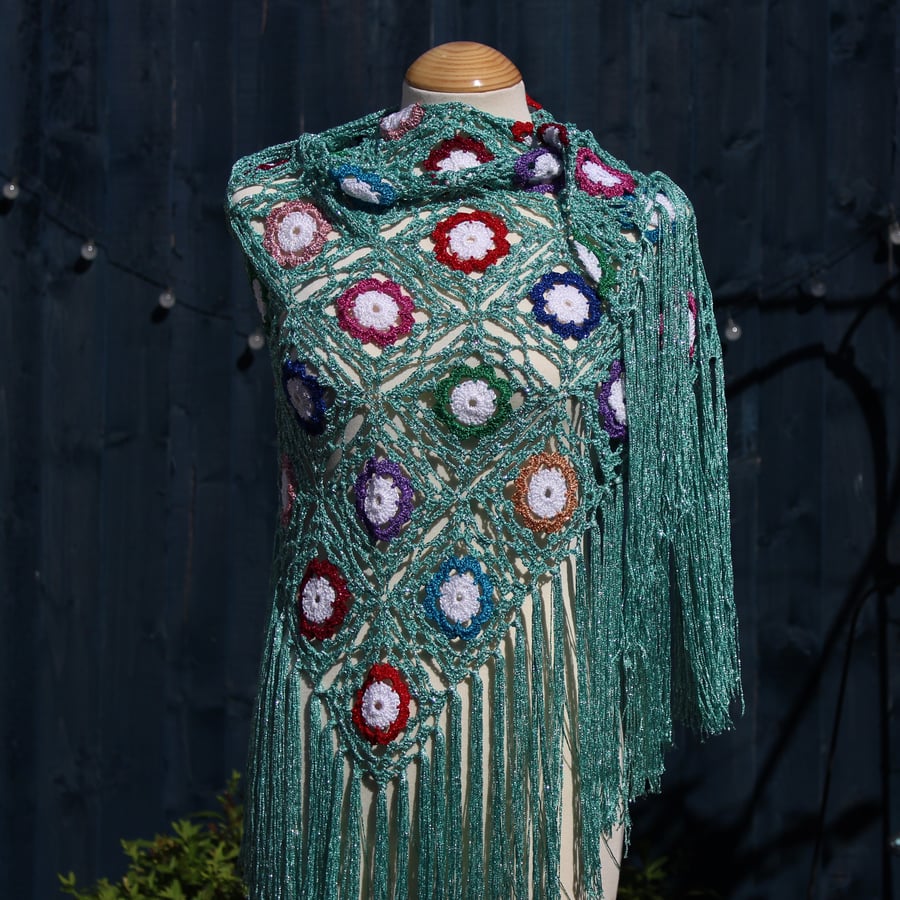 Crochet triangular shawl in sparkly white, rainbow and pale green - design LF433