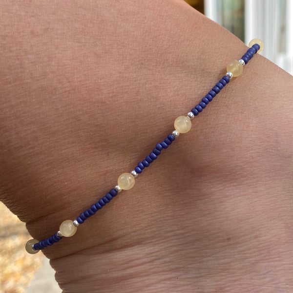 Yellow Jade, Sterling Silver and Seed Bead Anklet. With extension chain.