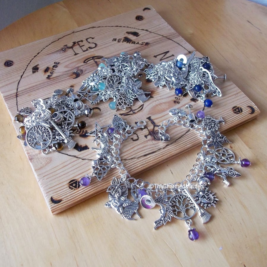 Wiccan Pagan Witch Gemstone Charm Bracelet