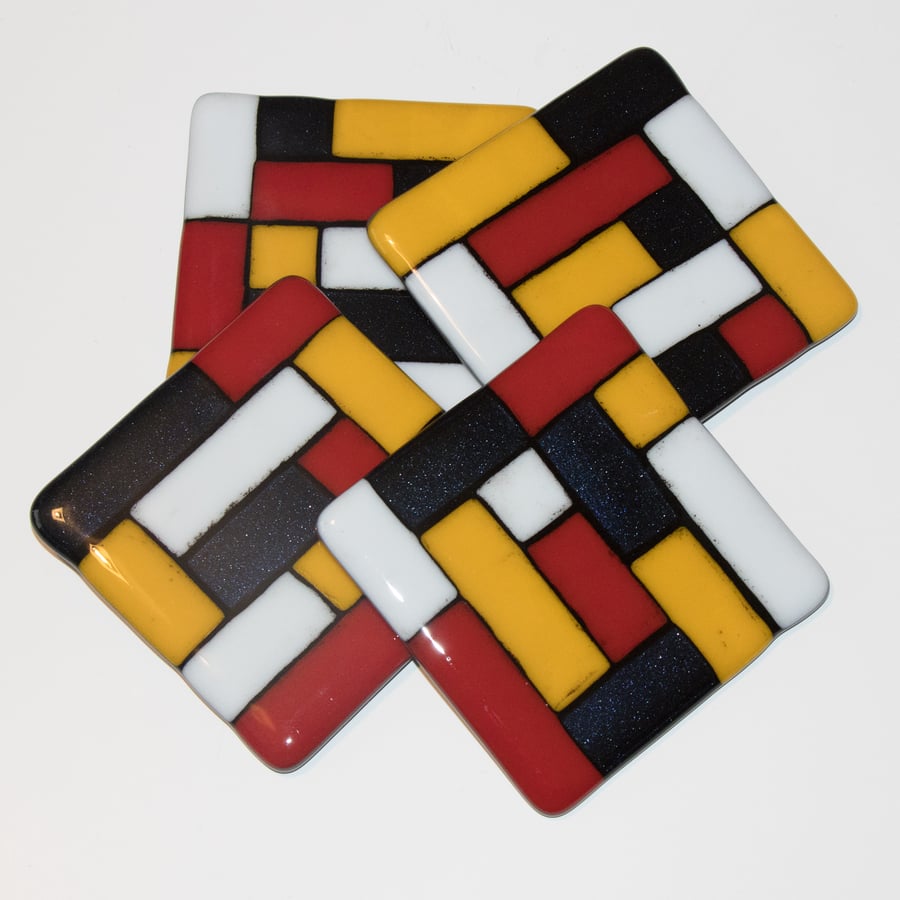 Set of 4 Mondrian inspired Fused Glass Coasters - 9151 - Beautiful Bundle