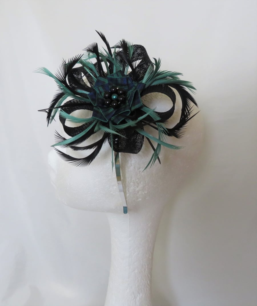 Black & Emerald Green Feather & Sinamay Tartan Fascinator