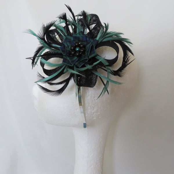 Black & Emerald Green Feather & Sinamay Tartan Fascinator